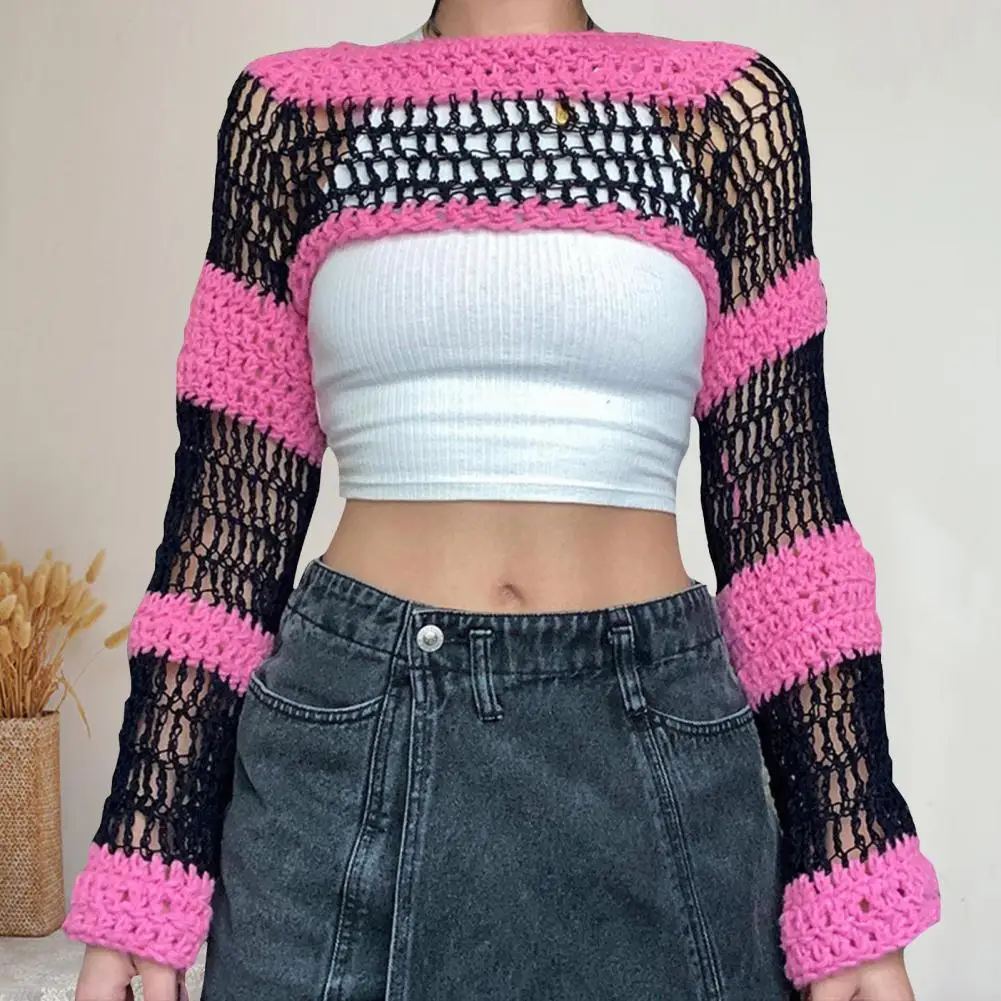 

Укороченный топ с круглым вырезом Y2k, Лоскутная цветная вязаная блузка с открытым пупком и длинным рукавом, прозрачные Ажурные вязаные топы,...