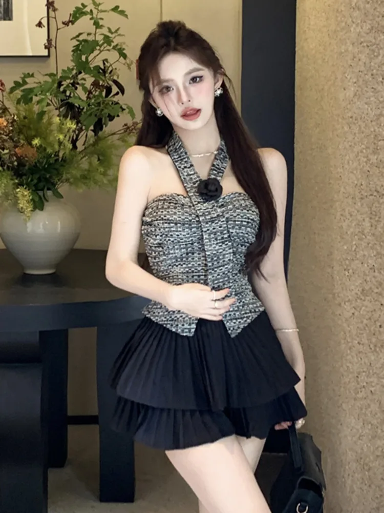 

French Small Fragrance Two Piece Set Women Sleeveless Sexy Tweed Crop Top + Pleated Skirt Suits Korean Sweet 2 Piece Outfits