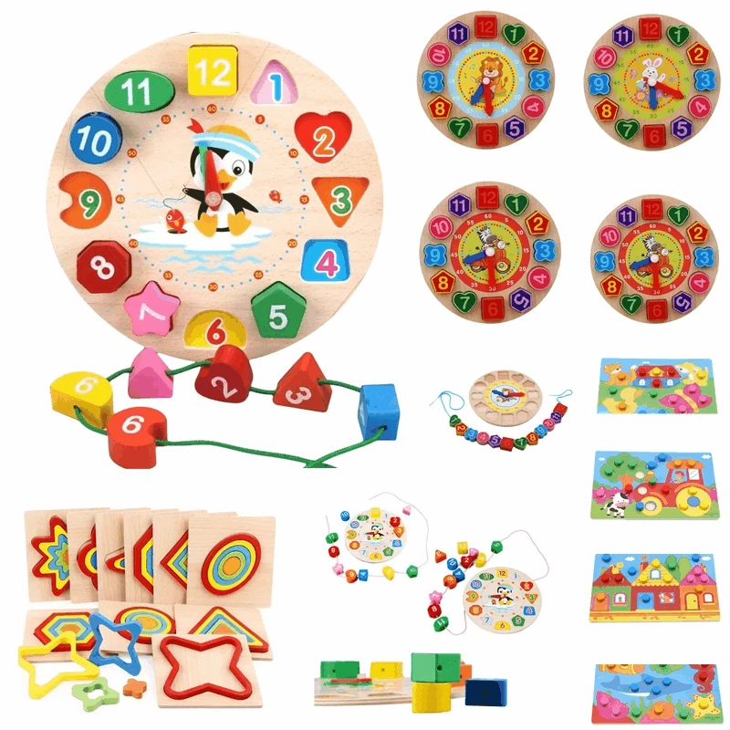 

Montessori Cartoon Animal Educational Wooden Beaded Geometry Digital Clock Puzzles Gadgets Matching Clock Toy Children