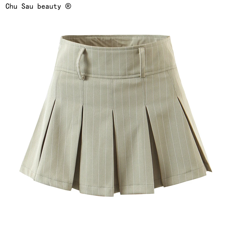 

Весна-лето 2021, шикарная винтажная полосатая плиссированная мини-юбка в стиле преппи с высокой талией, тонкая популярная трапециевидная юбк...