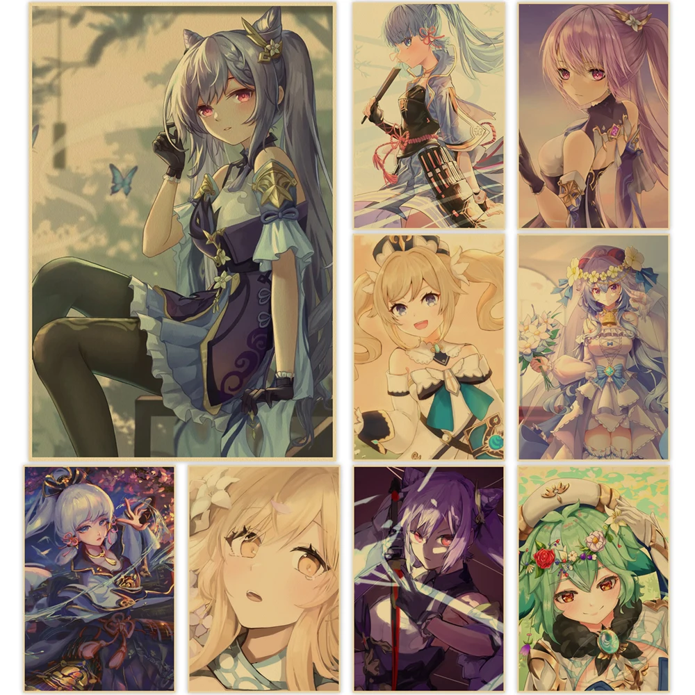 

Genshin Impact Poster Keqing Kraft Paper Barbara Picture Classic Artwork Wall Sucrose Painting Game Home Decoration Fans Gifts