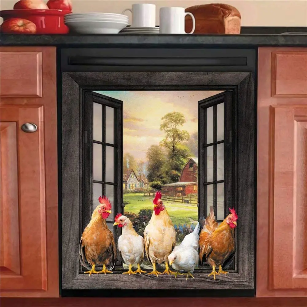 

Magnetic Farm Chicken Dishwasher Cover,Kitchen Decor Rooster Refrigerator Magnet Decal Panels,Country Farmhouse Window Fridge Do