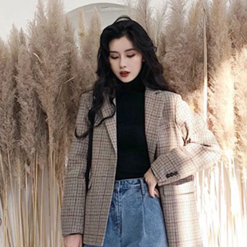 

Korean Fashion Plaid Blazer 2021 Women Chic Single Button Casual Office Blazer Suit New Fairy Lady Work Formal Clothing Commute