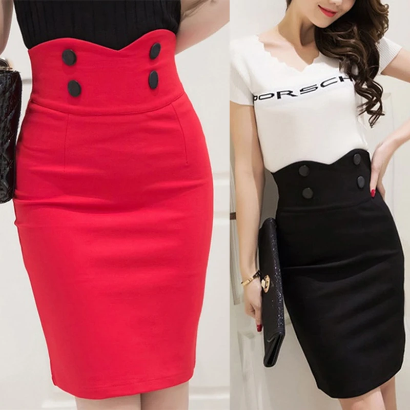 

2022 High Waist Elastic Women Skirts Elegant Slim Solid Color Black Red Double Button OL Sexy Back Slit Pencil Skirts For Women