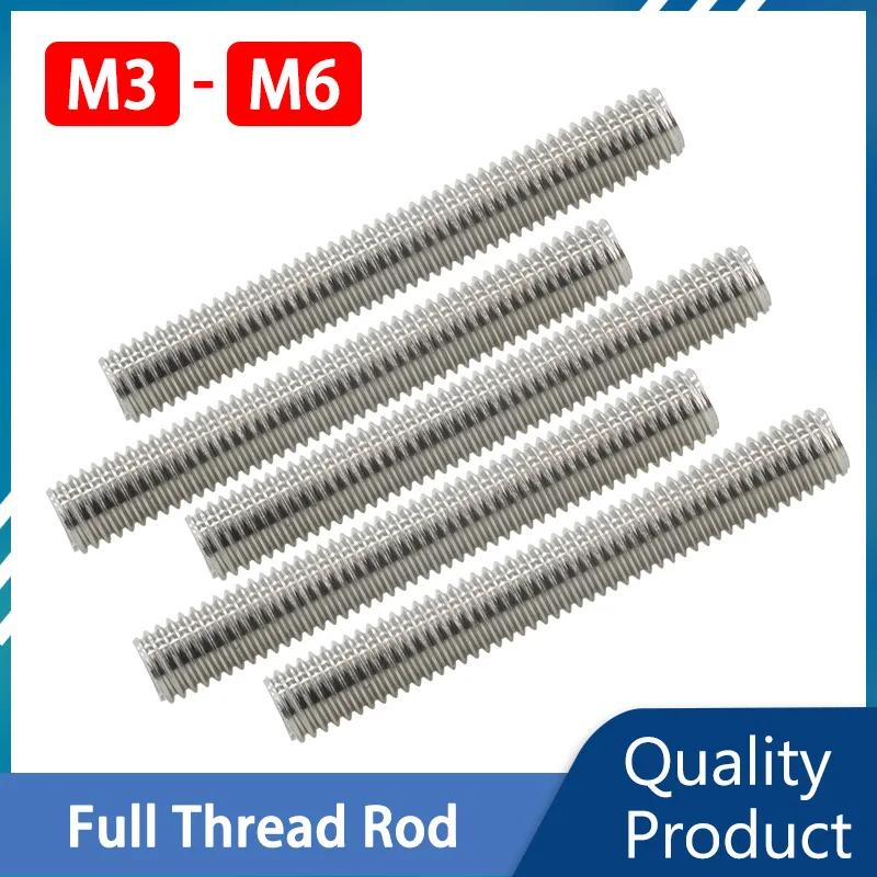 

304 Stainless Steel Full Threaded Bar Fully Metric Thread Rod Screw M3 M4 M5 M6 Bolt Stud Length 20mm 50mm 100mm 200mm 500mm