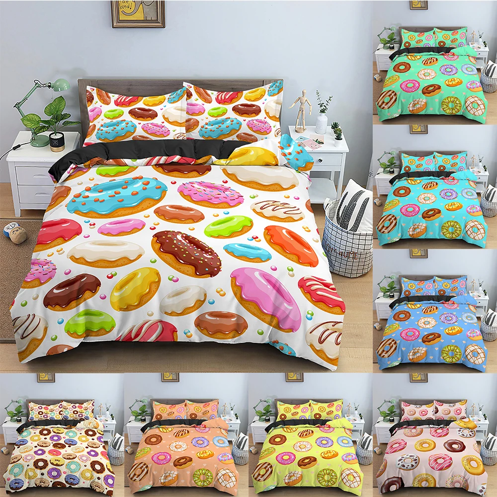 

Donut Pattern Bedding Set 3D Printed Polyster Comforter Cover Breathable Dessert Quilt Cover King Queen Size Bedding Set 2/3PCS