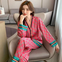 2022 new spring and summer thin ice silk pajamas ladies printed long sleeve comfortable two piece home clothes