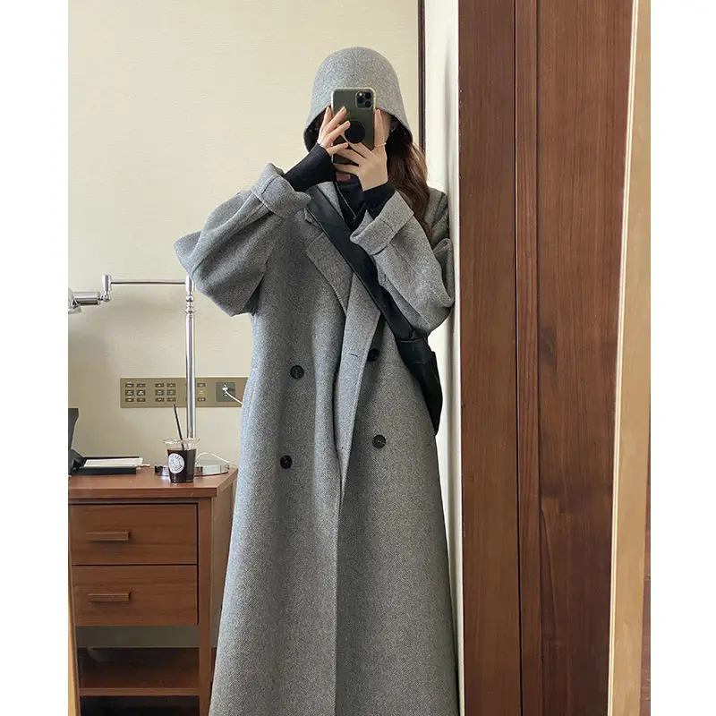 

Women's woolen overcoat 2022 Winter New Solid Color Double-sided Wool Coat Turn-down Collar Classic Elegant Office Loose Outwear