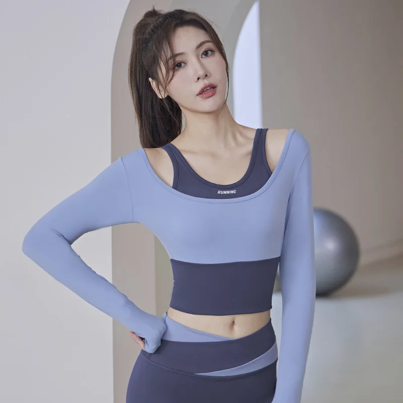 Yoga Top Legging Autumn Winter Splicing Fast Drying Sports Running Top with Chest Pad Professional Pilates Training Fitness Suit