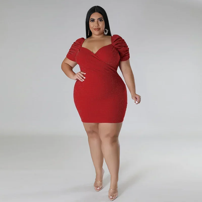 KEXU сексуальные блестящие платья больших размеров с рюшами и коротким рукавом