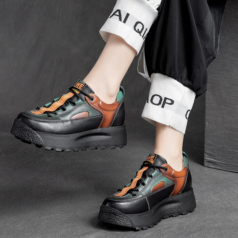 

Новинка! Модная женская обувь Careaymade из коровьей кожи с верхним слоем, контрастные, с низким верхом, повседневные туфли на толстой подошве с круглым носком в стиле ретро