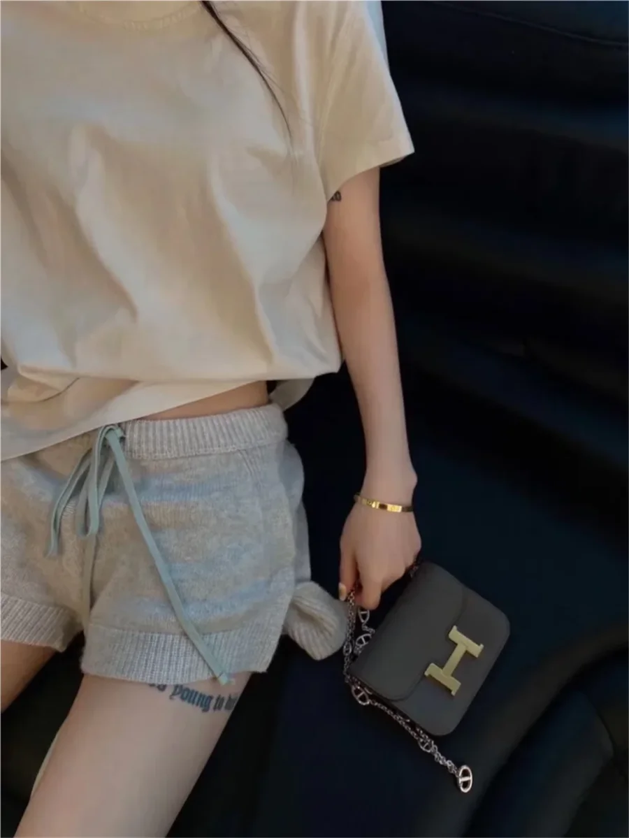 Шорты женские повседневные однотонные трикотажный свитер с завязкой на талии