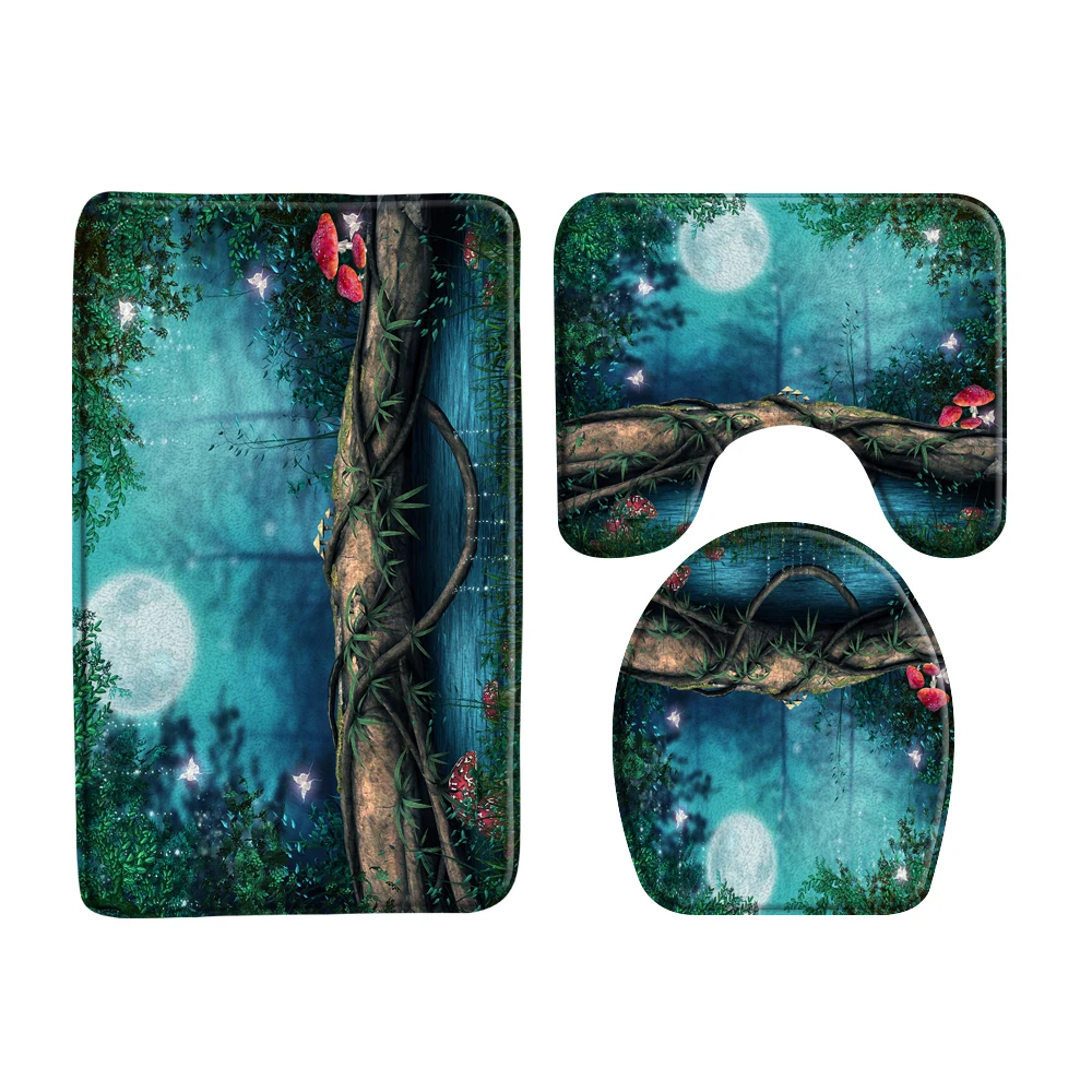 

Full Moon Fairy Forest Flower Landscape Bath Mat 3pcs Sets Animation Scenery Bath Decor Sets Non-slip Bathroom Carpet Set