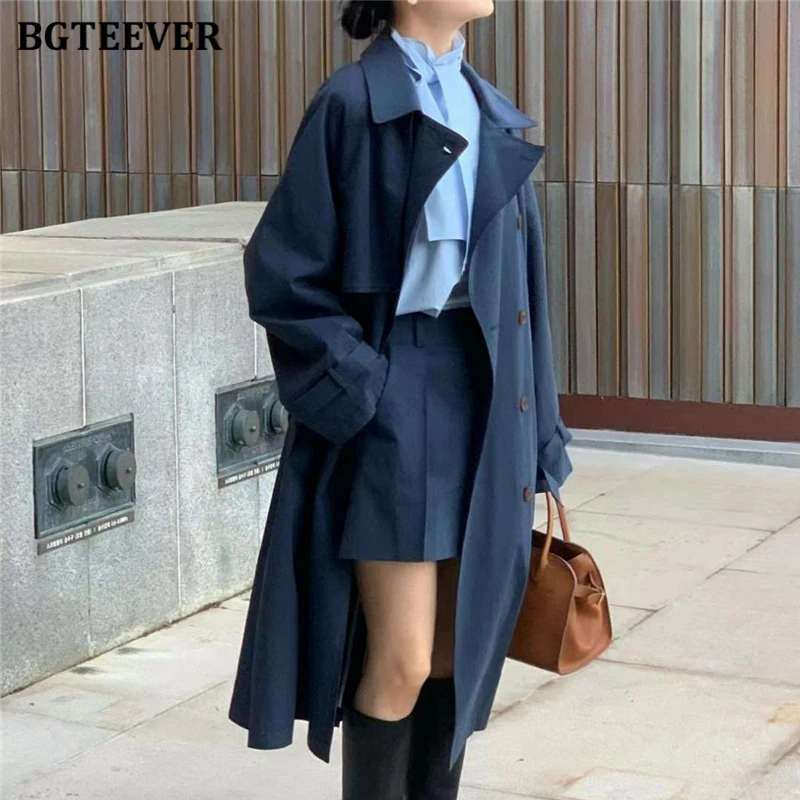 Модный женский однотонный длинный Тренч BGTEEVER с отложным воротником повседневная