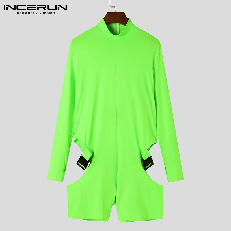 INCERUN New Men's Fashion Casual Style All-match Jumpsuits Stylish Male Solid Hollow Out Long Sleeve High Collar Bodysuits S-5XL