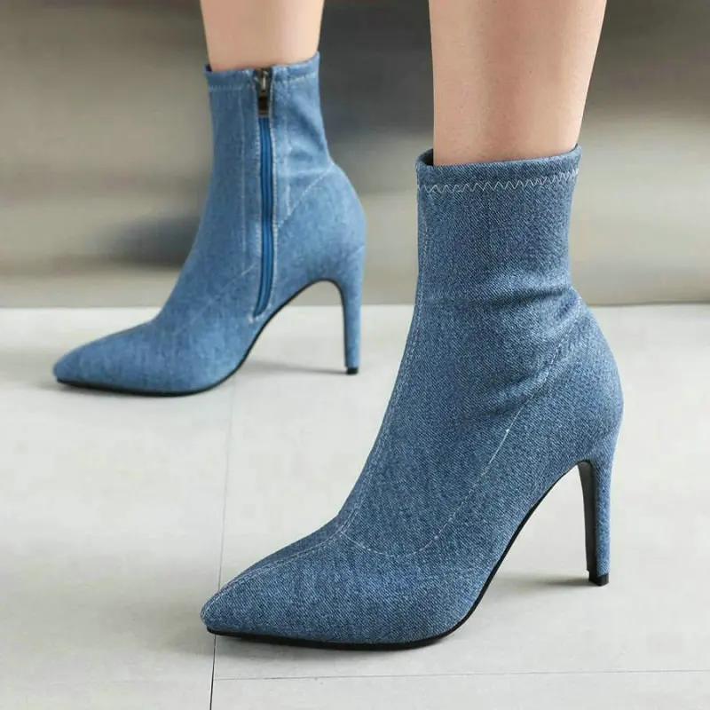 

Concise Mature Denim Jeans Pointed Toe Ankle Stiletto Shoes Plus Size 44 45 46 Winter Women Thin High Heels Stretch Slim Boots