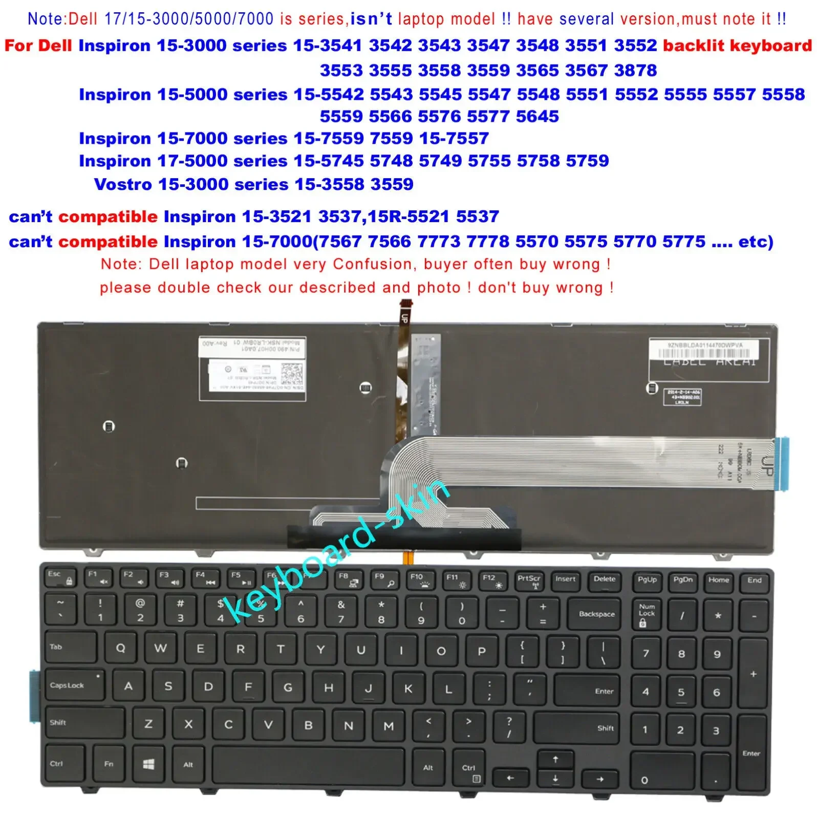 Фото Клавиатура с подсветкой США для Dell Inspiron 7557 7559 5745 5748 5749 5755 5758 5759 5558 5559 5566 5576 5577 5645 Vostro 3558 3559 №1