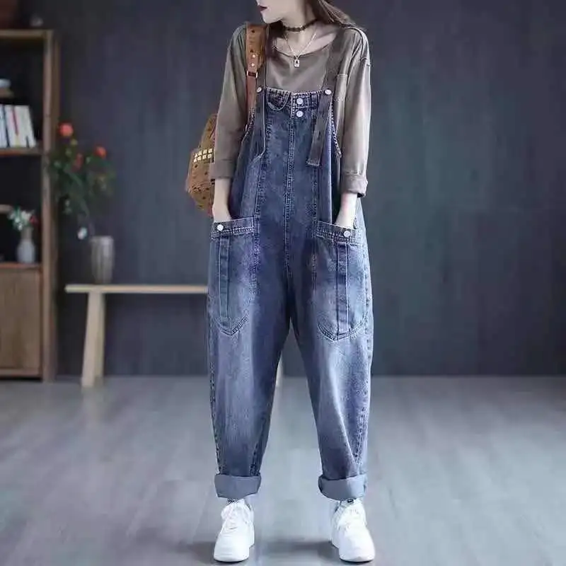 

Woman Casual Solid Denim Jumpsuit Female Elegant Mid Waist Loose Pocket Romper Ladies Spring Wide Leg Pants Cowboy Overalls G229