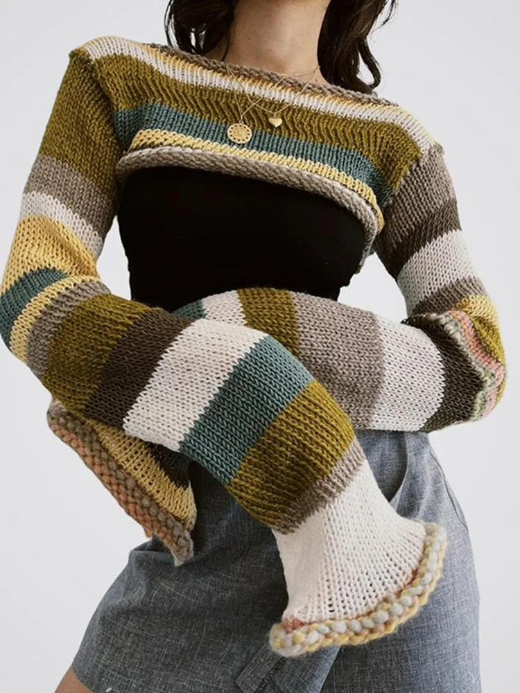 

2022 Vintage Patchwork Colorful Striped Knitted Crop Sweater Women Sexy Thin Pullover Y2k Streetwear Flare Sleeve Slim-fit Tops