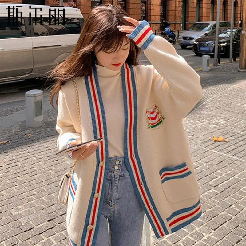 

New Loose V-neck Knitted Cardigan Sweater Retro Long Sleeves Sweater Coat 2022 Autumn Winter Women's Striped Loose Jacket