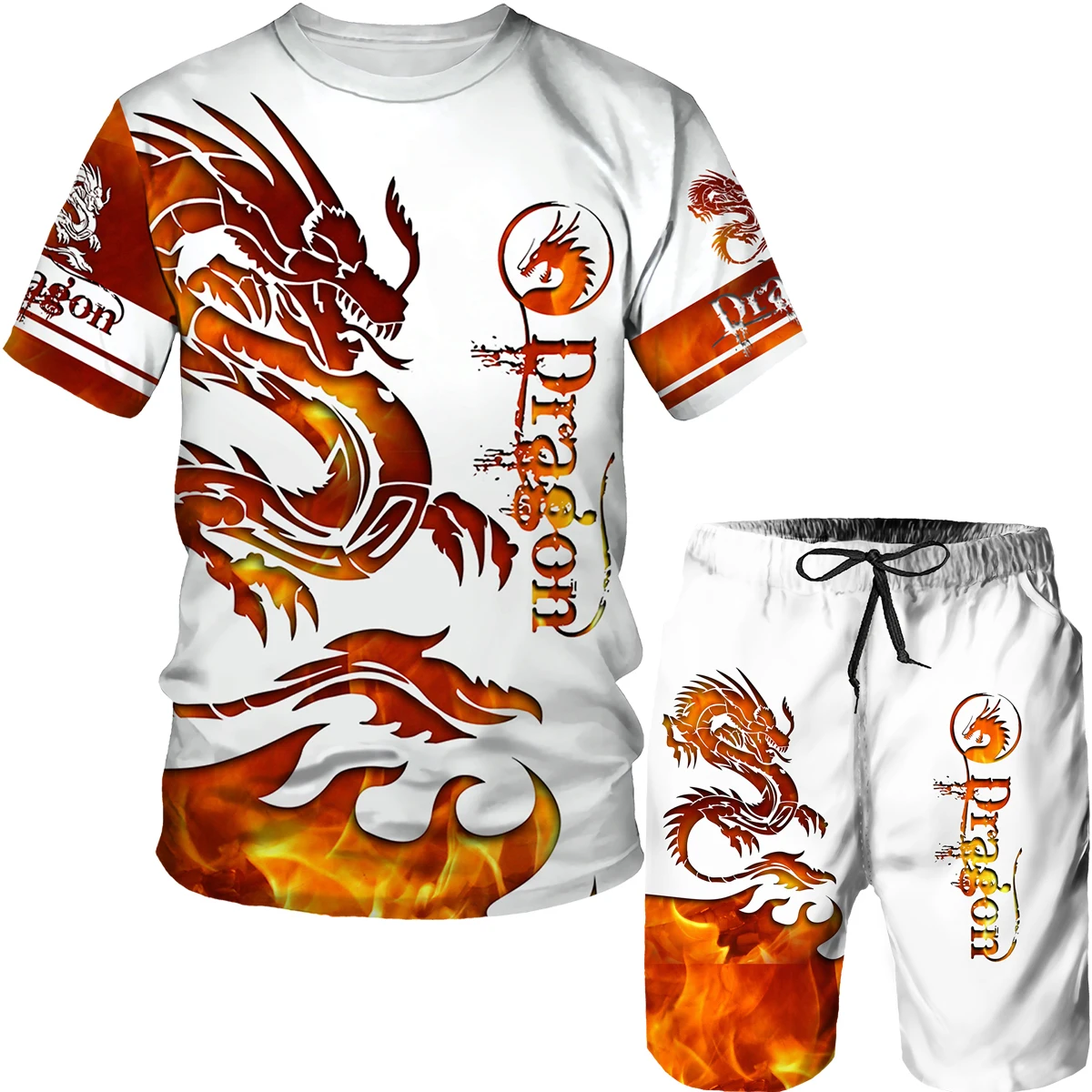 Summer Short Sleeve 2-Piece Dragon O-Collar Male T-Shirt Sports Gym Extra Large Size Quick Dry Clothes Tracksuit Set Man