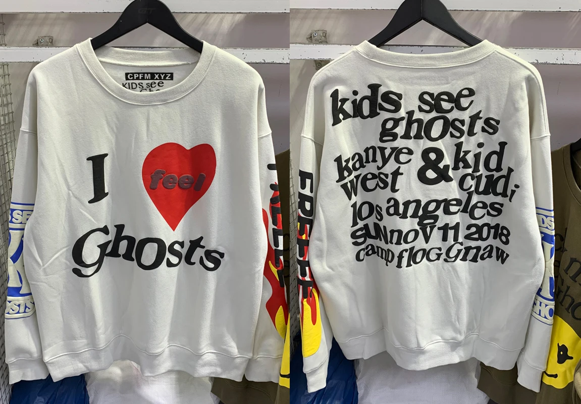 

Детские толстовки Kanye West с изображением призраков, Высококачественная уличная одежда, пуловеры из пенопласта с принтом, белые толстовки с круглым вырезом CPFM.XYZ с капюшоном