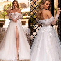 a line wedding dress 2022 long sleeves lace split sexy backless tulle wedding gowns for bridal robe de mariee custom made