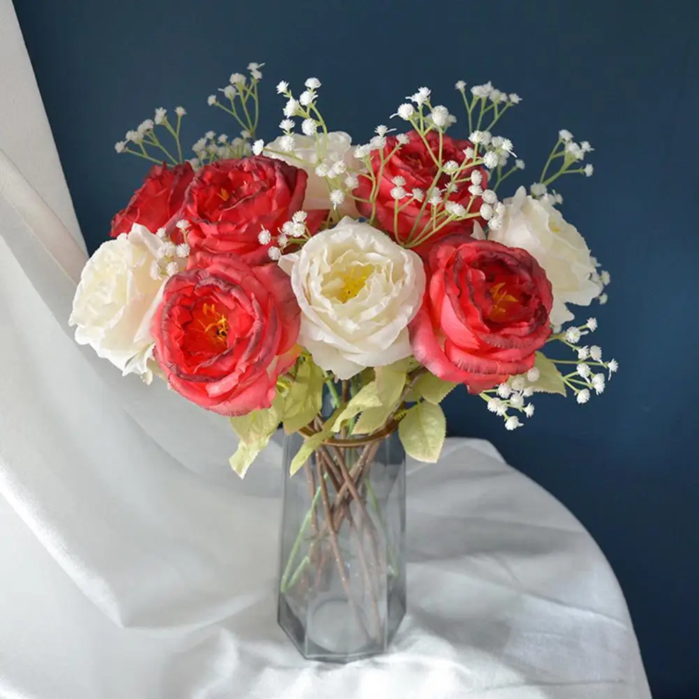 

Fake Flower Vivid Appearance Gardening Bright-colored Elegant Artificial Rose Flower with Leaves Holiday Supplies