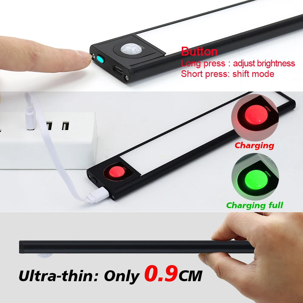 LED Cabinet Light Ultra-Thin Kitchen Lamp USB Rechargeable PIR Motion Sensor 20/40cm Bedroom Closet Wardrobe Night |