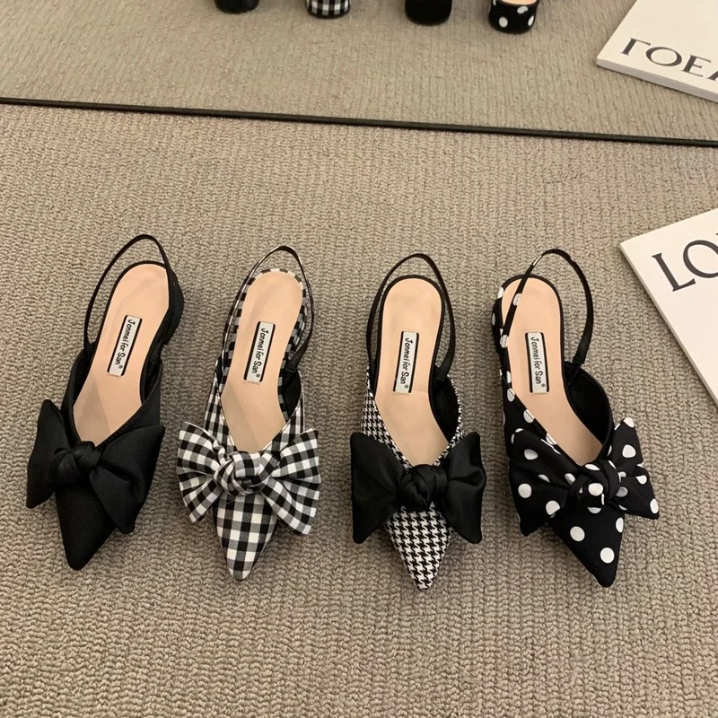 BOW Sandals Women 2022 Summer Pointed Low Heel Sandals Women Fashion Baotou Thin Strap Sandals High Heels Sandalias De Mujer