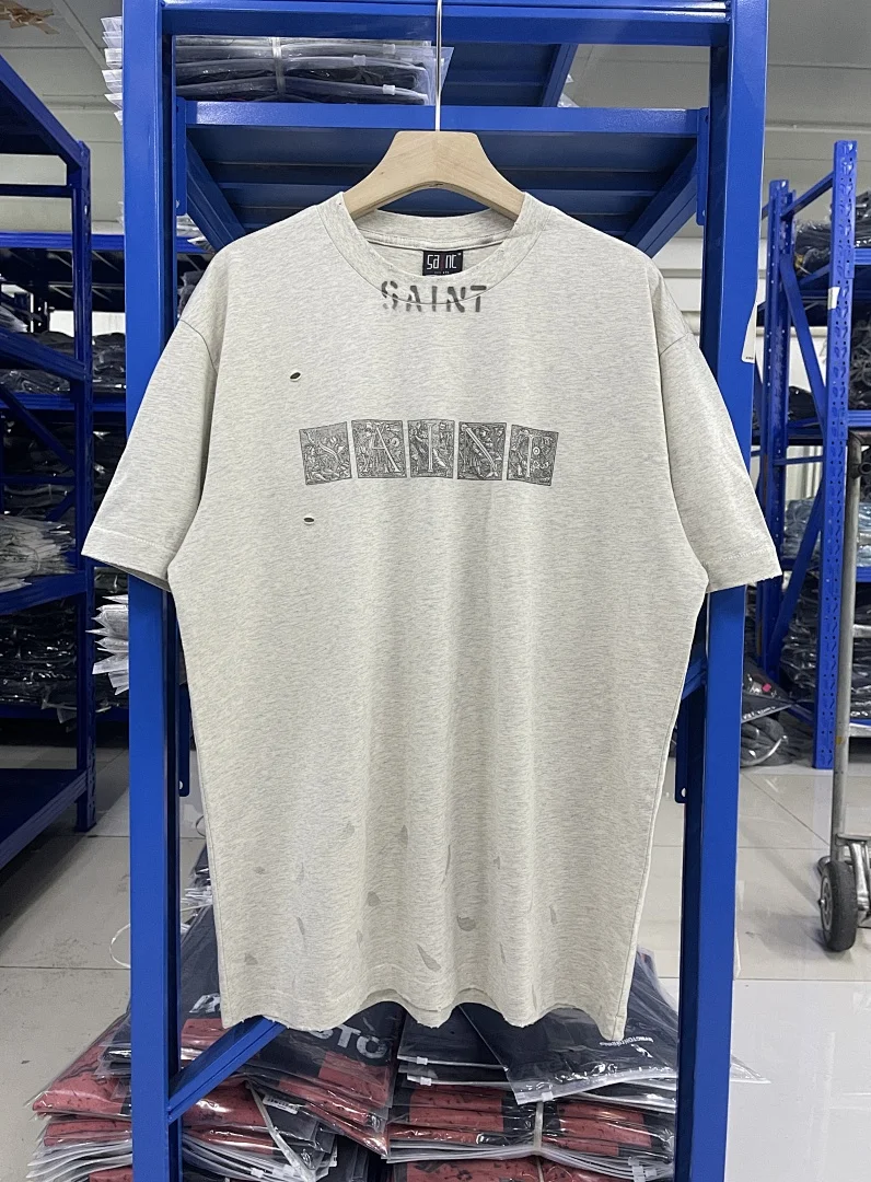 Фото Футболка унисекс 25SS SAINT x Tears Graffiti Logo, винтажная, с эффектом потертости, оверсайз, хип-хоп, повседневная, хлопковая №1