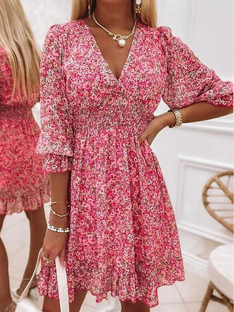 

Elegant Retro Floral Print Short Sleeve Mini Dress Summer Ruffle Loose Women Party Dress Casual V Neck Beach Dress 2022