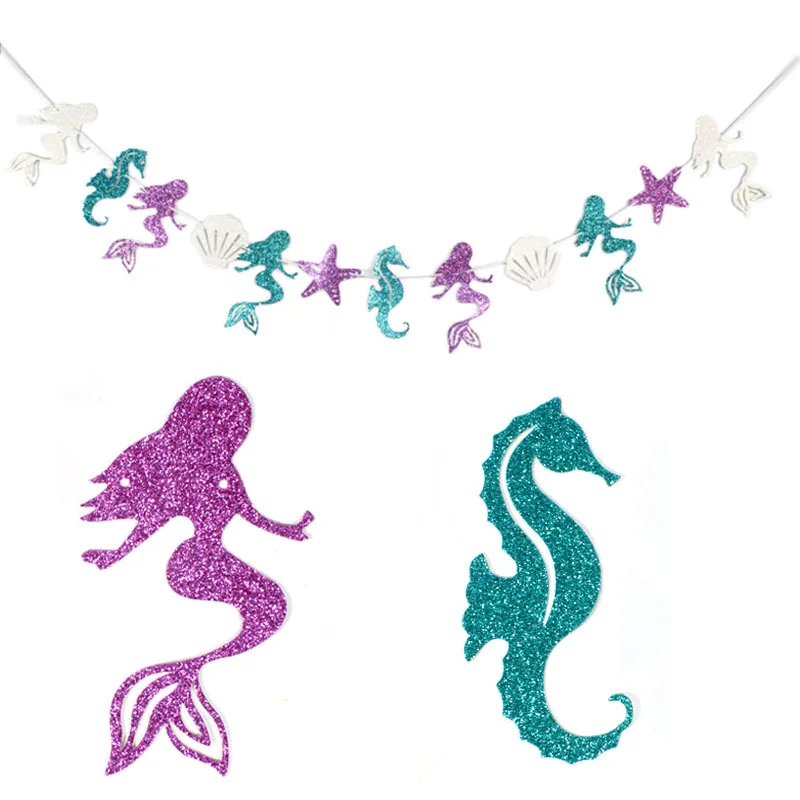 

Blue Purple Mermaid Tail Paper Banner Girl Happy Birthday Party Decorations Under The Sea Themed Party Shell Seahorse Garlands