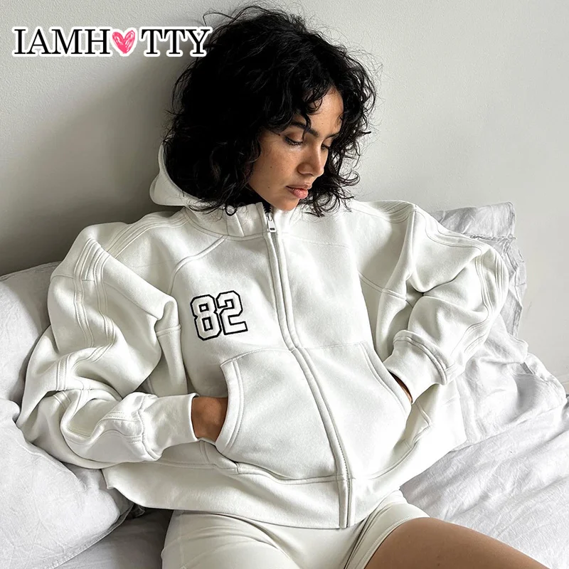 

IAMHOTTY Casual Oversized Zip-up Hoodie White Digital Embroidery Loose Sweatshirts Street Style Sports Loungewear Autumn Coat
