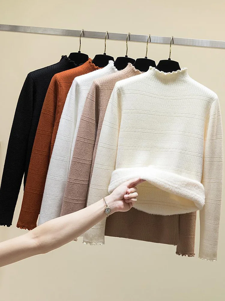 

Hot Sale 2023 Korean Turtleneck Slim Thicken Plus Velvet Sweater Woman Winter Knitted Pullovers Casual Fleece Lined Warm Knitwe