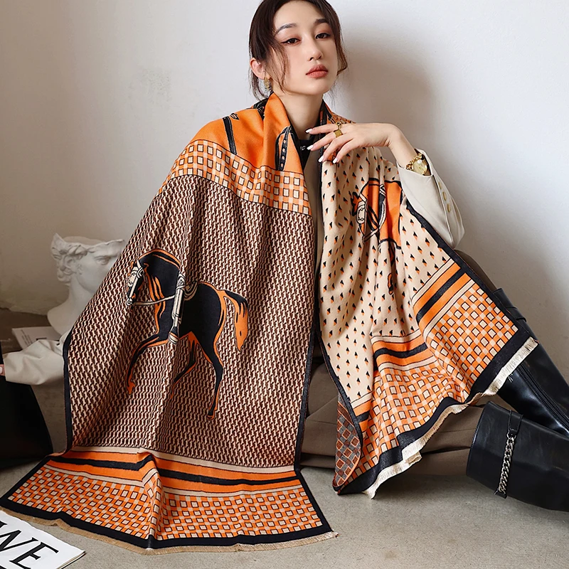 

Luxury Horse Print Scarf Women Cashmere Winter Warm Scarves Brand Pashmina Shawls Lady Wraps Bufanda Thick Bandana Shawl 2022
