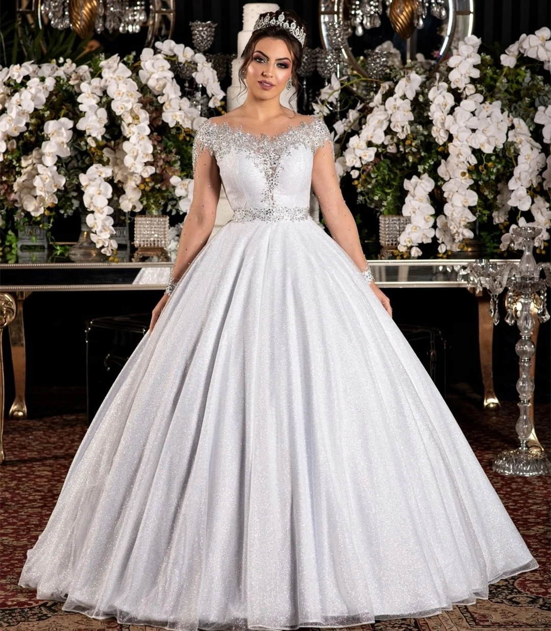 

E JUE SHUNG Detachable Skirt Ball Gown Wedding Dresses Shinning Luxury Long Sleeves Buttons 2 in 1 Wedding Gowns Bride Dress
