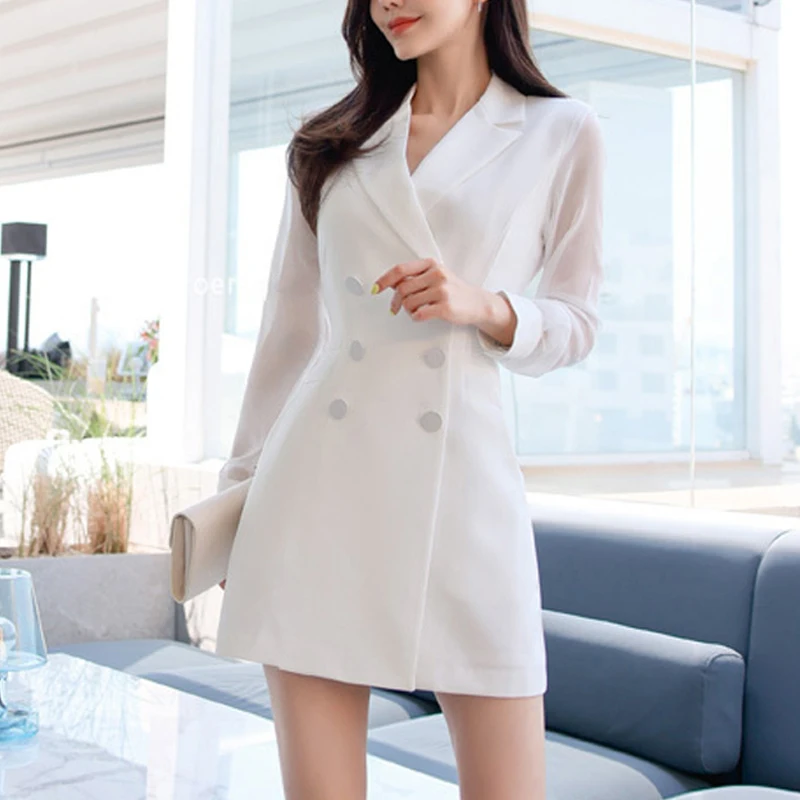 

Newest Long Blazer Dress Women's Double Breasted Mesh Patchwork Long Sleeve Notched Collar Casual Office Lady Blazers Top