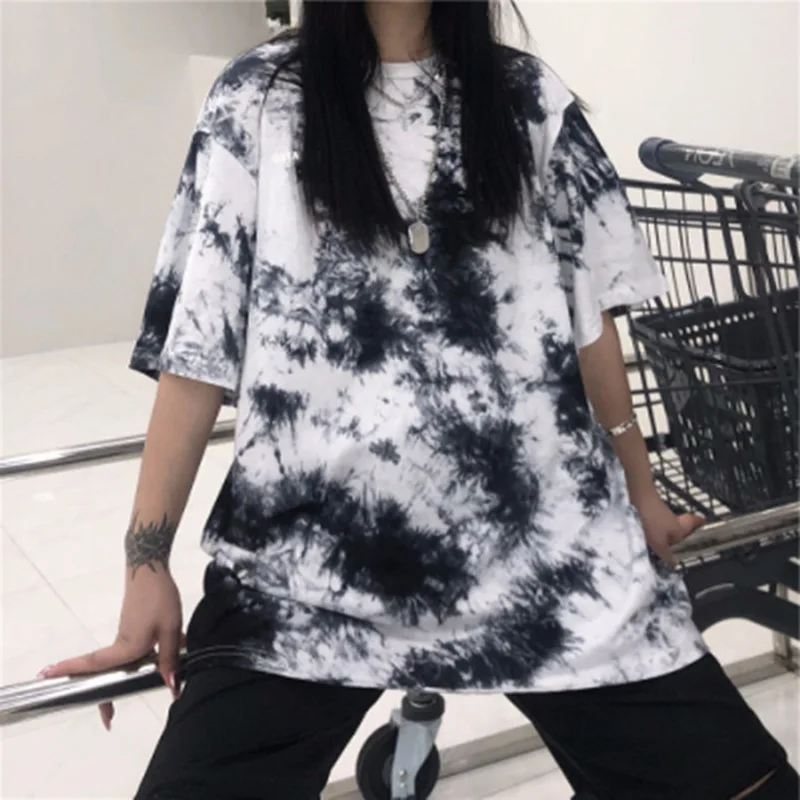 

Tie-dye Printed T-shirt Ladies Top O-neck Short-sleeved Hip-hop Loose Korean Streetwear Oversize Ladies Top Casual T-shirt Y2k