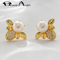 black angel natural freshwater pearl stud earrings for women fine jewelry pearl creative cute bee earrings valentines day gifts