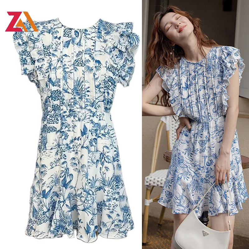 Женское винтажное мини-платье с цветочным принтом круглым вырезом и оборками |