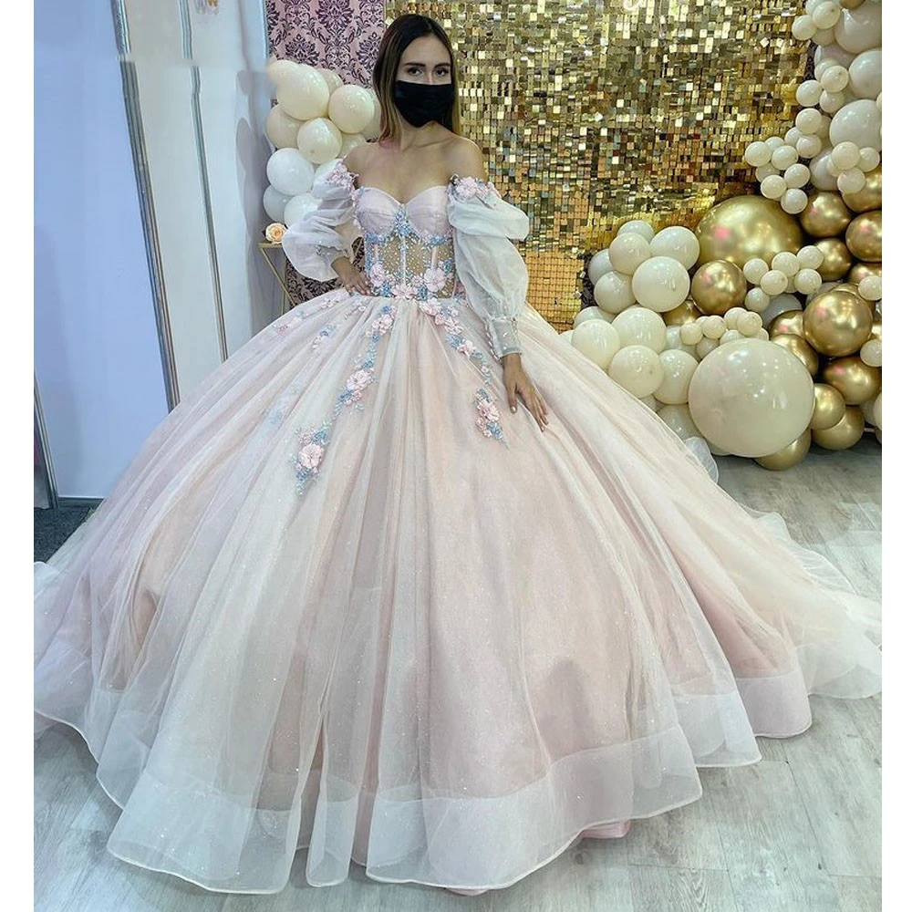 

ANGELSBRIDEP Ball Gown Pink Princess Quinceanera Dresses Long Sleeves Appliques Beaded Vestidos De Fiesta Sweet 16 Gowns
