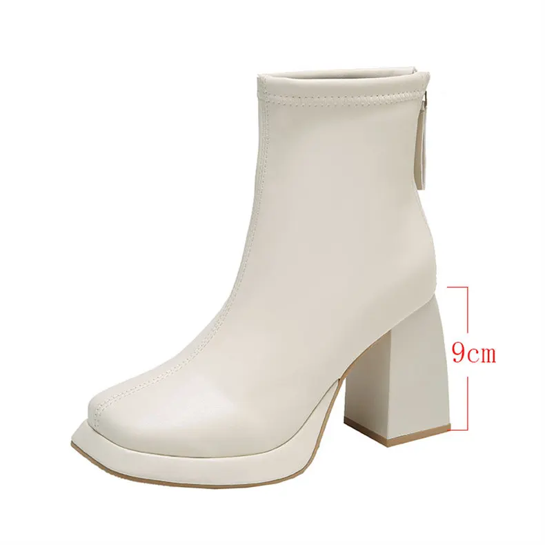 beige Women Ankle Boots Platform Square High Heel Ladies Short Boots Patent PU Leather Round Toe Women's Boots 2023 images - 6