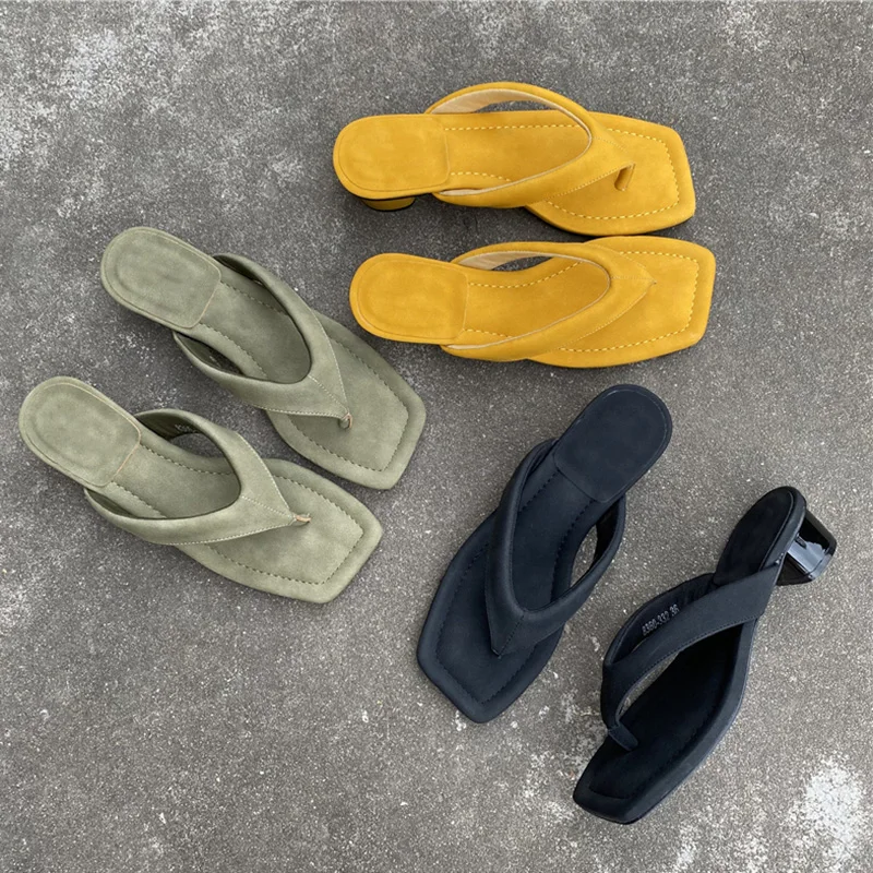 

2022 New Summer Women Slipper Fashion Square Toe Slip On Ladies Flip Flops Round Low Heel Outdoor Beach Sandal Shoes Casual Slid