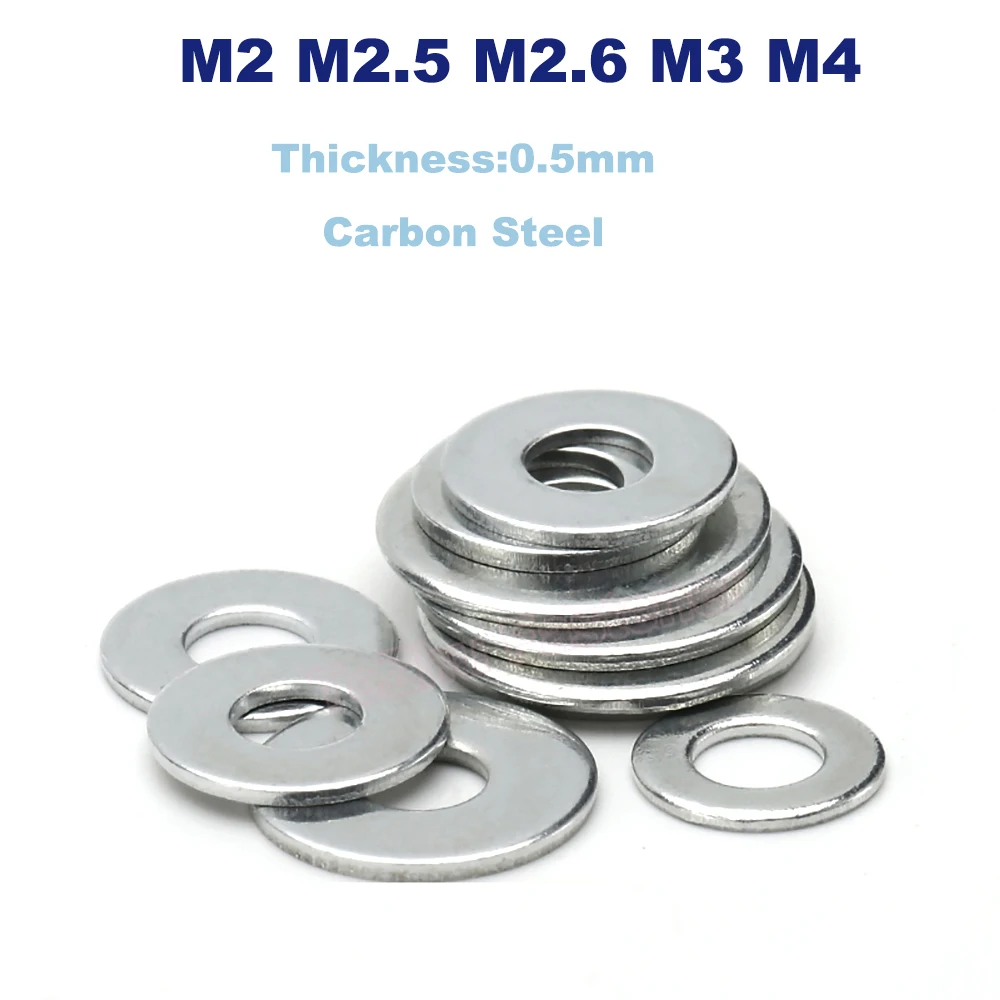 

50/100pcs M2 M2.5 M2.6 M3 M4 Carbon Steel Plain Washers Metal Screw Flat Washer White Zinc Plating Plain Gasket Thickness 0.5mm