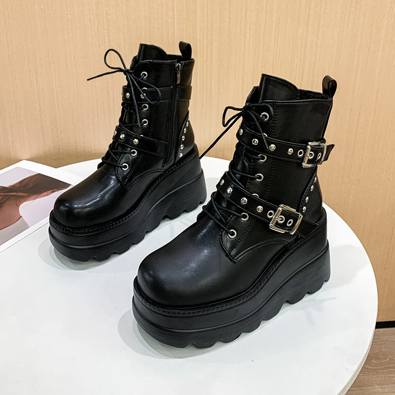 

Platform Wedges Motorcycle Boots For Women Bucklel Strap Knee High Boots 2023 New Fashion Popular Shoes Woman Goth Gothic Winter