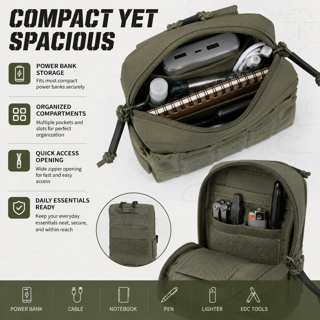 Фото Тактический универсальный подсумок MOLLE, совместимый с EDC, лазерной резки, с органайзером, компактная сумка для хранения для активного отдыха №4