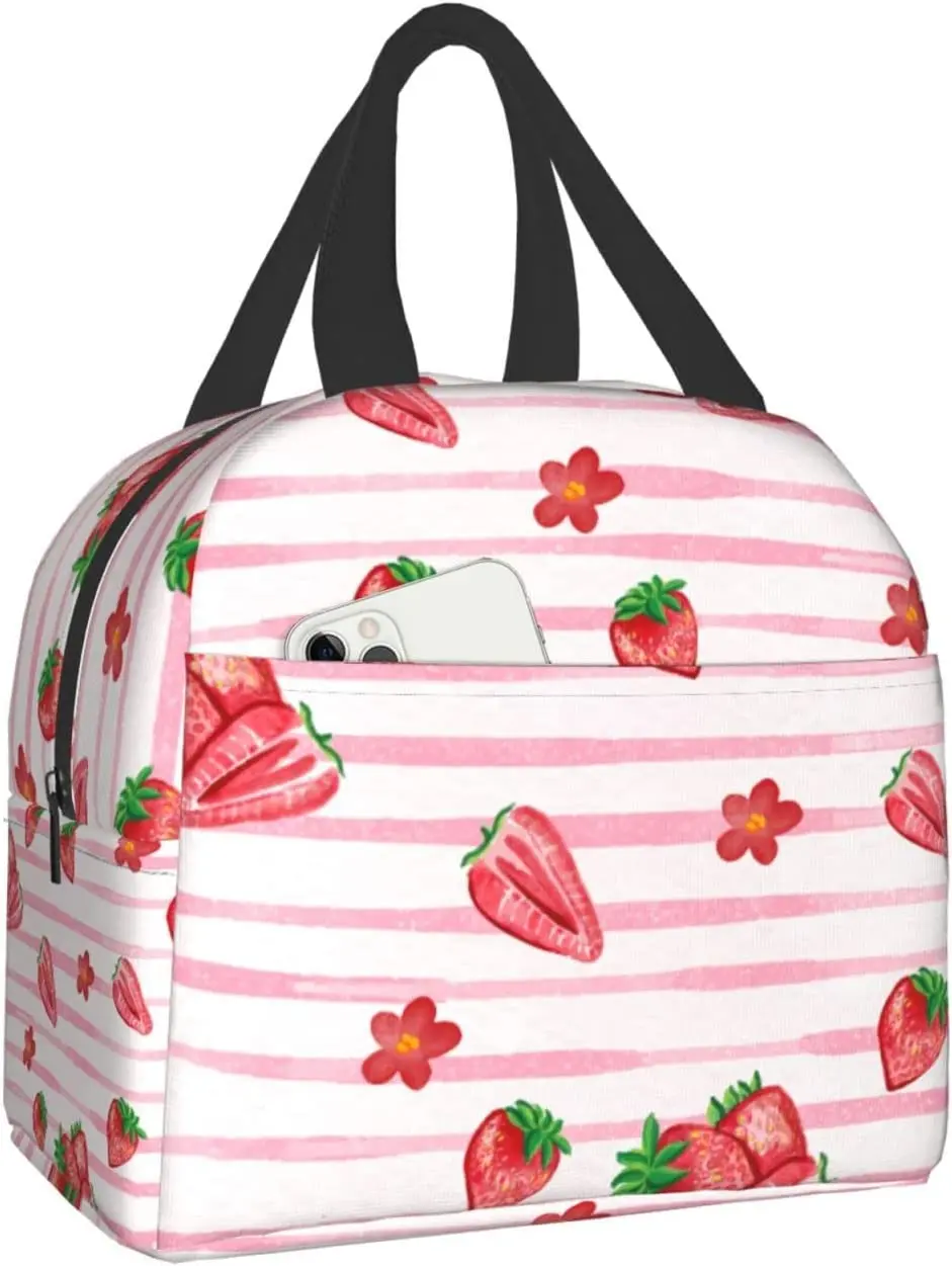 

Lunch Bag for Teen Striped Strawberries Insulated Lunch Box Cooler Thermal Waterproof Reusable Tote Bag for Travel Hiking Picnic