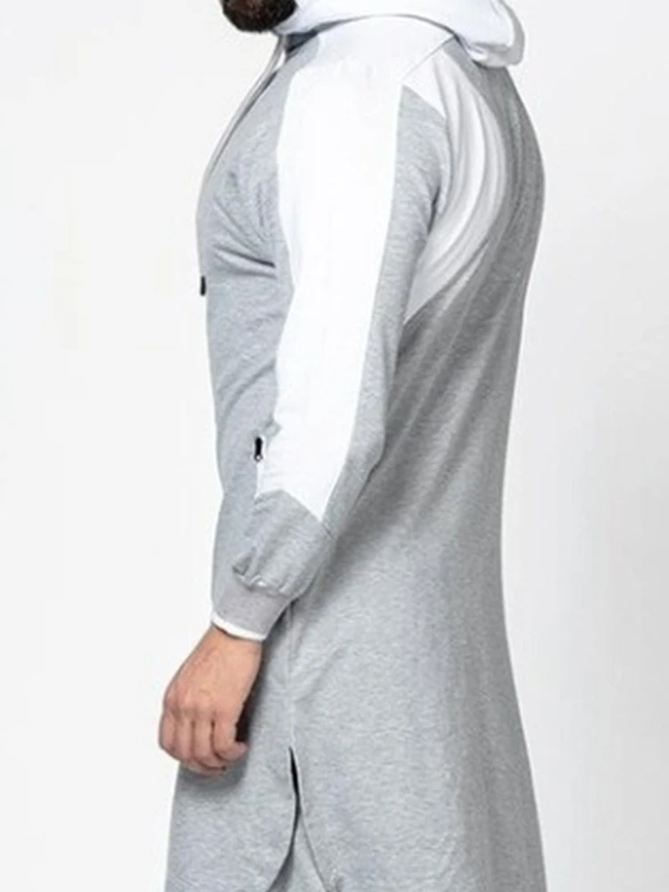 Muslim Fashion Men Thobe Robe Hooded Sweater Robe Middle East Dubai Arab Islamic Clothing 2022 Abayas Colorblock Zip Pocket