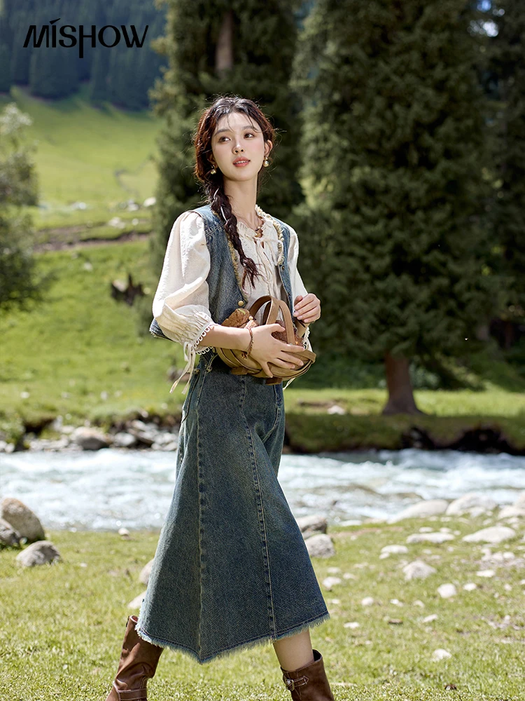 Юбка-миди джинсовая трапециевидная с эффектом потертости в стиле ретро